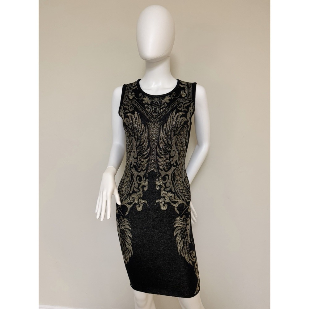 Rare Roberto Cavalli Black Gold Metallic Knit Sleeveless Bodycon Dress Size S‎